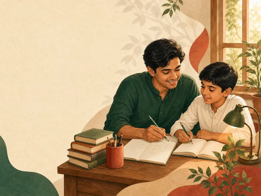 ডেস্কে একটি ছেলের পাশে বসে একজন শিক্ষক, দুজনেই লিখছেন, চারপাশে বাতি ও গাছ।